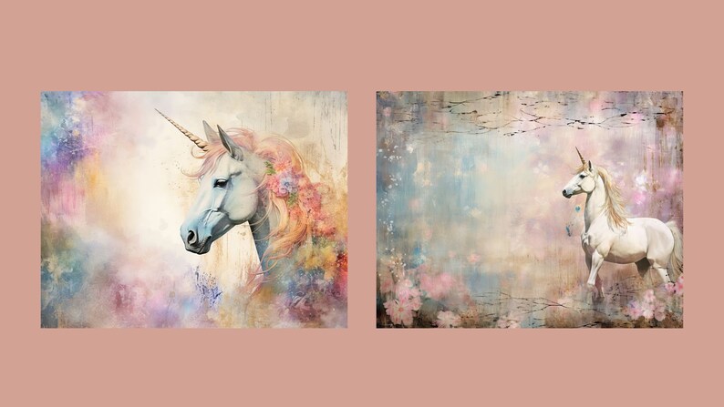 May include: Two digital art prints featuring white unicorns with gold horns. The first print shows a unicorn's head with a floral mane against a colorful background. The second print shows a full-body unicorn standing in a field of flowers against a light blue background.