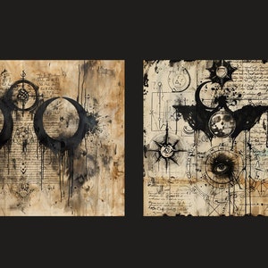 May include: Two black and white abstract paintings on a textured, aged paper background. The paintings feature a variety of symbols, including moons, stars, and an eye. The paintings are framed in a simple black frame.