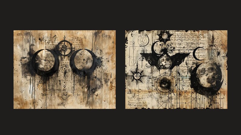 May include: Two black and white abstract paintings on a textured, aged paper background. The paintings feature a variety of symbols, including moons, stars, and an eye. The paintings are framed in a simple black frame.