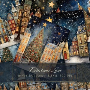 Christmas Town Junk Journal Kit Winter Background Journal Pages Printable Night Sky Journal Snow Streets Digital Paper for Scrapbooking