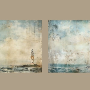 May include: Two vintage-style paintings of lighthouses on a stormy sea with a cloudy sky. The lighthouses are white with red accents. The paintings have a distressed, textured look.