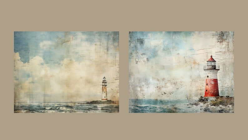 May include: Two vintage-style paintings of lighthouses on a stormy sea with a cloudy sky. The lighthouses are white with red accents. The paintings have a distressed, textured look.