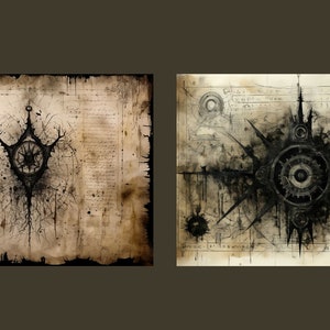 May include: Two black and white ink drawings on aged paper with intricate designs. The left drawing features a star-shaped symbol with a circle in the center and a series of lines radiating outward. The right drawing features a more complex design with a central circle surrounded by gears and spokes.