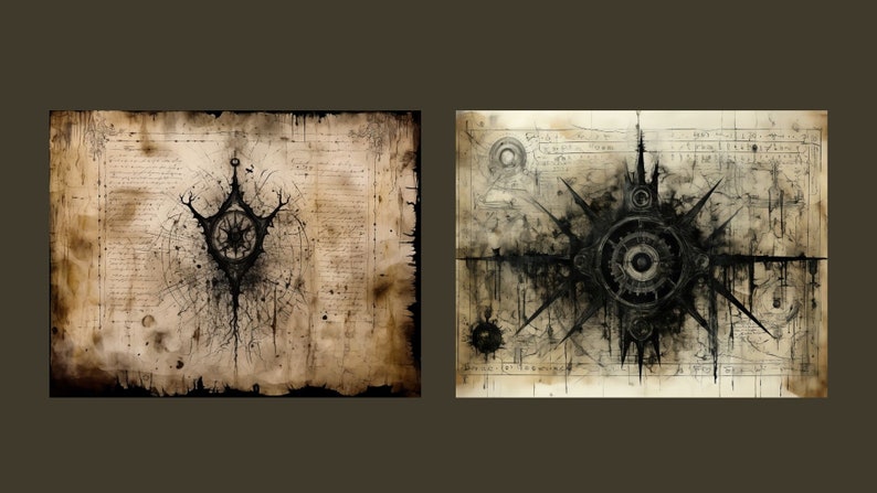 May include: Two black and white ink drawings on aged paper with intricate designs. The left drawing features a star-shaped symbol with a circle in the center and a series of lines radiating outward. The right drawing features a more complex design with a central circle surrounded by gears and spokes.