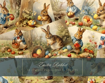 Kit diario di Pasqua con coniglietti, caccia alle uova di Pasqua, diario di conigli vintage, carta digitale, scrapbooking, acquerello, pagine stampabili