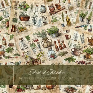 Kit de diário botânico de cozinha, poções de ervas, página de diário, boticário vintage, papel para impressão para scrapbooking, folha de colagem em aquarela