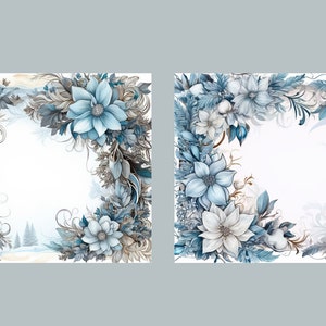May include: Two blue and white floral wreaths with a white background. The wreaths are made of flowers, leaves, and berries. The wreaths are arranged in a square shape.