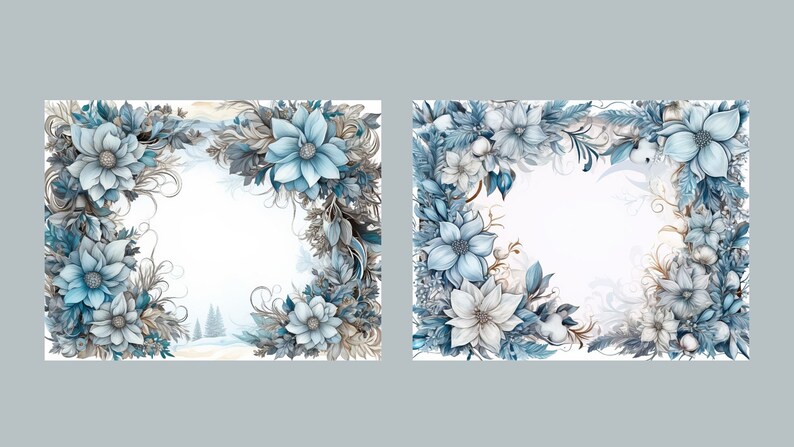 May include: Two blue and white floral wreaths with a white background. The wreaths are made of flowers, leaves, and berries. The wreaths are arranged in a square shape.