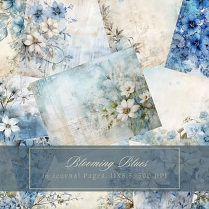 Kit de carnet de notes floral bleu belles fleurs papier numérique Scrapbooking imprimable fleurs en papier vintage pages de carnet shabby chic éphémères