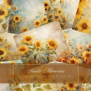 Kit de diario basura de girasol Vintage Floral Journal Girasoles Papel digital para Scrapbooking Grunge Imprimible Shabby Pages Descarga instantánea