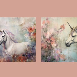 May include: Two white unicorns with gold horns and flowing manes are depicted in a watercolor style against a background of soft pastel flowers. The unicorns are facing to the left and right of the image.