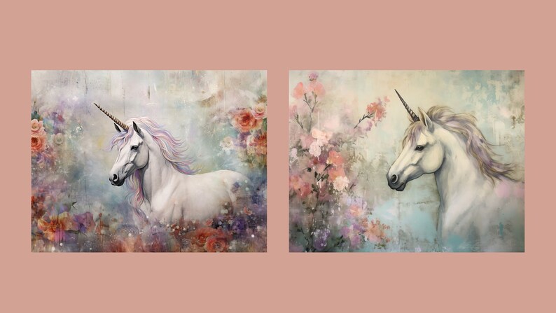 May include: Two white unicorns with gold horns and flowing manes are depicted in a watercolor style against a background of soft pastel flowers. The unicorns are facing to the left and right of the image.