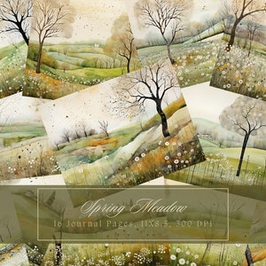 Op de afbeelding: Een collage van 10 aquarel illustraties van lenteweiden met bomen en witte bloemen. De tekst "Spring Meadow" en "10 Journal Pages, 11x8.5, 300 DPI" staat onderaan de afbeelding.