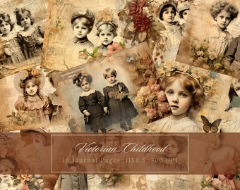 Vintage Children Junk Journal Kit Antique Mixed Media Collage Sheets Printable Shabby Floral Pages Victorian Kid Digital Paper Scrapbooking