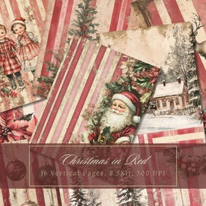 Kit diario di Natale rosso, pupazzo di neve, vintage, effimero, diario di Babbo Natale, carta digitale, scrapbooking, pagine rustiche stampabili, shabby chic