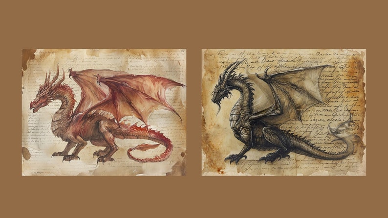 May include: Two dragons, one red and one black, are depicted on a parchment background. The red dragon is on the left and the black dragon is on the right. Both dragons have wings spread out and are facing forward.