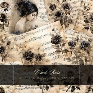 Black Roses and Music Junk Journal Kit Floral Vintage Ephemera Journal Papel digital para Scrapbooking Imprimible Shabby Pages Shabby Chic