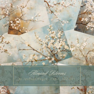 Kit de journal indésirable en fleurs d'amandier, journal vintage floral, papier numérique pour le scrapbooking, fleurs blanches, pages imprimables grunge shabby chic