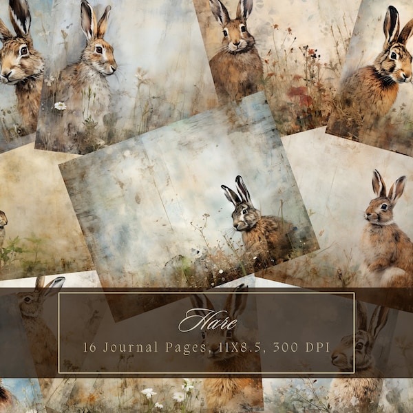 Vintage Hare Junk Journal Kit Grunge Pages Bunny Digital Paper for Scrapbooking Printable Shabby Page Bunnies Mixed Media Victorian Paper