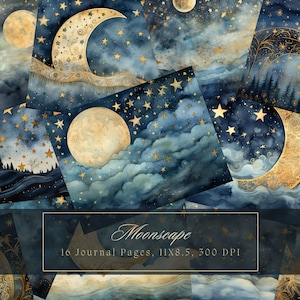 Könnte beinhalten: Eine Collage aus 10 digitalen Tagebuchseiten mit Aquarell-Illustrationen von Monden, Sternen und Wolken in Blautönen und Gold. Der Text "Moonscape" und "10 Journal Pages, 11X8.5, 500 DPI" wird am unteren Rand des Bildes angezeigt.