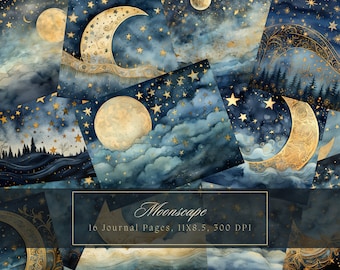 Aquarell Mond Junk Journal Kit Celestial Journal Seiten Sternenhimmel Digitales Papier Scrapbooking Vintage Crescent Journal Seite Printable