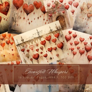 Kit de journal indésirable coeurs aquarelle papier numérique romantique vintage pour scrapbooking page de journal romantique éphémère vintage téléchargement immédiat