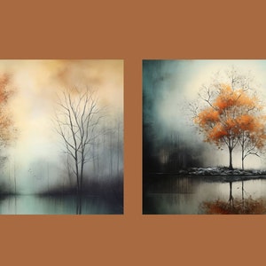 K&ouml;nnte beinhalten: Zwei Gem&auml;lde, die eine neblige Waldszene mit einem einzelnen orangebl&auml;ttrigen Baum im Vordergrund zeigen. Der Baum spiegelt sich im stillen Wasser eines Sees. Die Gem&auml;lde sind in einer ged&auml;mpften Farbpalette aus Graut&ouml;nen, Blaut&ouml;nen und Oranget&ouml;nen gehalten.