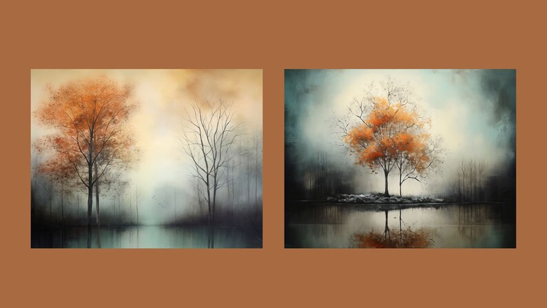 K&ouml;nnte beinhalten: Zwei Gem&auml;lde, die eine neblige Waldszene mit einem einzelnen orangebl&auml;ttrigen Baum im Vordergrund zeigen. Der Baum spiegelt sich im stillen Wasser eines Sees. Die Gem&auml;lde sind in einer ged&auml;mpften Farbpalette aus Graut&ouml;nen, Blaut&ouml;nen und Oranget&ouml;nen gehalten.