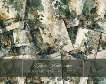 May include: A collage of journal pages with a vintage aesthetic. The pages feature a watercolor design with green foliage and abstract shapes in shades of green, beige, and brown. Text on the image reads "Green Herbarium" and "16 Journal Pages, 11X8.5, 300 DPI."