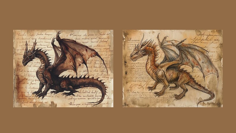 May include: Two detailed illustrations of dragons on aged parchment paper. The first dragon is black with brown wings and a long tail. The second dragon is brown with light brown wings and a long tail. Both dragons have sharp claws and teeth.