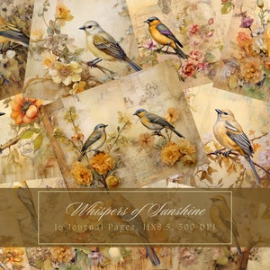 Gele vogels en bloemen ongewenste Journal Kit Vintage Ephemera Journal digitale papier scrapbooking afdrukbare bloemen collage vellen commercieel gebruik