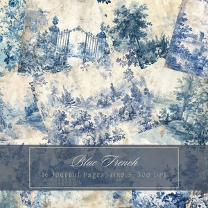 Franse Toile Junk Journal Kit blauwe mixed media collagevellen afdrukbare vintage ephemera Shabby Chic pagina's digitaal papier voor scrapbooking