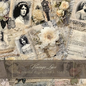 Kit de diario basura con encaje vintage, hojas de collage shabby chic, papel digital grunge imprimible, páginas antiguas desgastadas para álbumes de recortes, fotos antiguas
