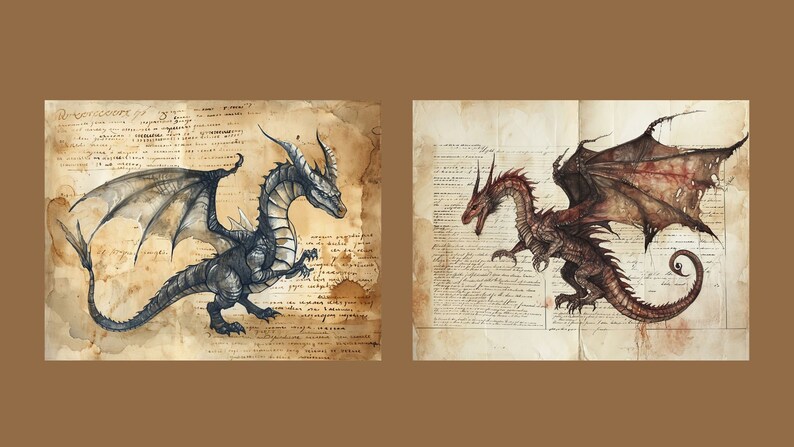 May include: Two dragons, one black and one red, are drawn on aged parchment paper. The black dragon has a long, slender neck and a long tail. The red dragon has a shorter neck and a shorter tail. Both dragons have wings and are drawn in a realistic style.