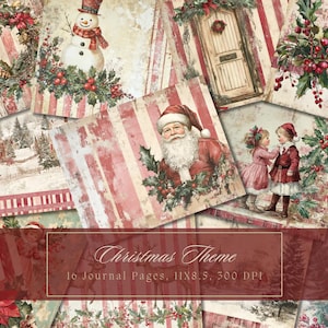 Kit diario di Natale rosso, pupazzo di neve, vintage, effimero, diario di Babbo Natale, carta digitale, scrapbooking, pagine rustiche stampabili, shabby chic