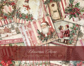 May include: A digital paper pack with 16 Christmas themed journal pages. The pages feature red and white striped backgrounds, images of Santa Claus, a snowman, a Christmas tree, and children in winter clothing. The text "Christmas Theme" and "16 Journal Pages, 11x8.5, 300 DPI" is included on the pages.