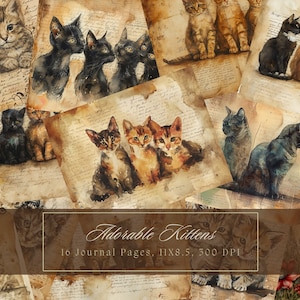 Carnet cartonné chats aquarelle, pages grunge, papier numérique chat pour scrapbooking, page minable imprimable chaton, techniques mixtes, papier victorien