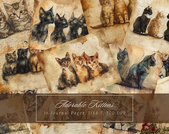 Watercolor Cats Junk Journal Kit Grunge Pages Cat Digital Paper for Scrapbooking Printable Shabby Page Kitten Mixed Media Victorian Paper