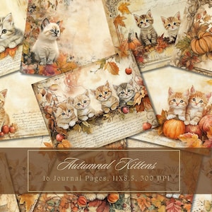Autumn Kittens Junk Journal Kit Watercolor Dry Leaves Pages Dog Digital Paper Scrapbook Printable Shabby Page Fall Cat Victorian Mixed Media