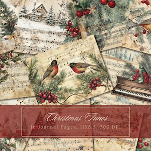 Kit de carnet de notes de musique de Noël aquarelle oiseaux d'hiver vintage éphémères houx papier numérique Scrapbooking pages imprimables feuilles de collage