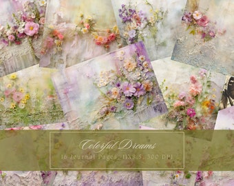 Bright Garden Junk Journal Kit Blooming Floral Background Shabby Chic Journal Pages Printable Collage Sheets Digital Paper for Scrapbooking