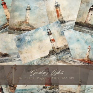 May include: A collage of 16 journal pages featuring watercolor paintings of lighthouses against a blue and white sky. The text "Guiding Lights" and "16 Journal Pages, 11x8.5, 300 DPI" is at the bottom of the collage.