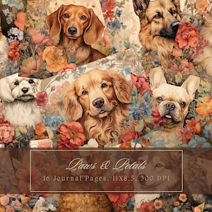 Perros y flores Junk Journal Kit Pet Digital Paper Dogs Journal Page Vintage Floral Scrapbooking Imprimible Shabby Pages Descarga instantánea
