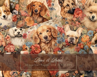 Dogs and Flowers Junk Journal Kit Pet Digital Paper Dogs Journal Page Vintage Floral Scrapbooking Printable Shabby Pages Instant Download