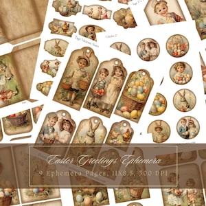 Victorian Easter Ephemera Junk Journal Addon Kit Tags Lapin de Pâques vintage Enfants Scrapbooking Enveloppes antiques Étiquettes imprimables Oeufs de Pâques
