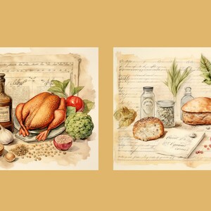 May include: Two watercolour paintings depicting still life arrangements of food and ingredients. The first painting features a roasted chicken, garlic, tomatoes, a bottle of wine, and other spices. The second painting features a loaf of bread, tomatoes, herbs, and spices.