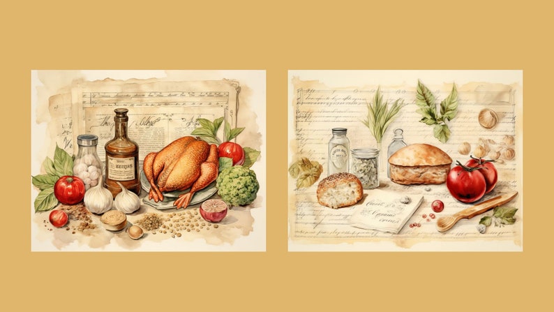 May include: Two watercolour paintings depicting still life arrangements of food and ingredients. The first painting features a roasted chicken, garlic, tomatoes, a bottle of wine, and other spices. The second painting features a loaf of bread, tomatoes, herbs, and spices.