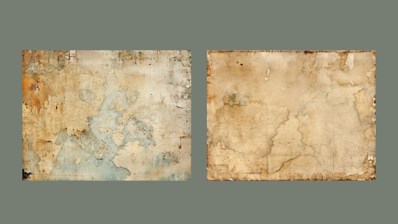 May include: Two vintage maps with faded brown and blue ink on aged paper. The maps show a landmass with rivers and coastlines.