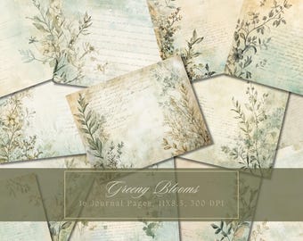 May include: Ten digital journal pages with a vintage aesthetic featuring delicate green and brown floral illustrations on a textured background. The text "Greenery Blooms" and "10 Journal Pages, 11X8.5, 300 DPI" is included.