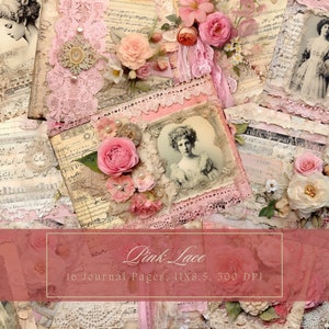 Kit de diario basura de encaje vintage rosa Shabby Chic Collage Hojas imprimibles Grunge Papel digital Scrapbooking Páginas antiguas desgastadas